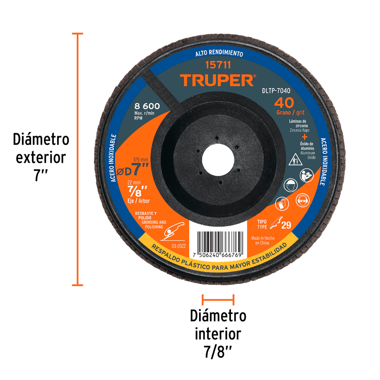 Disco Laminado 7' Grano 40 Centro 7/8', Plástico, Truper