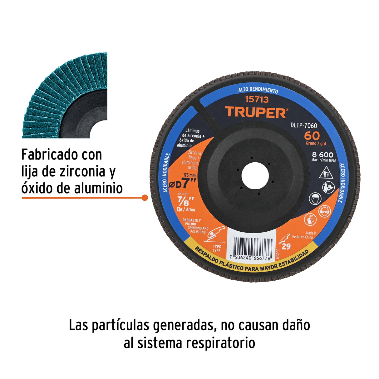 Disco Laminado 7' Grano 60 Centro 7/8', Plástico, Truper