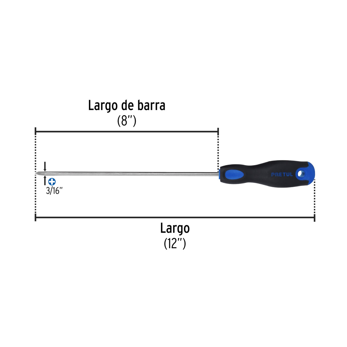Desarmador de Cruz 3/16' X 8' Mango Comfort Grip, Pretul