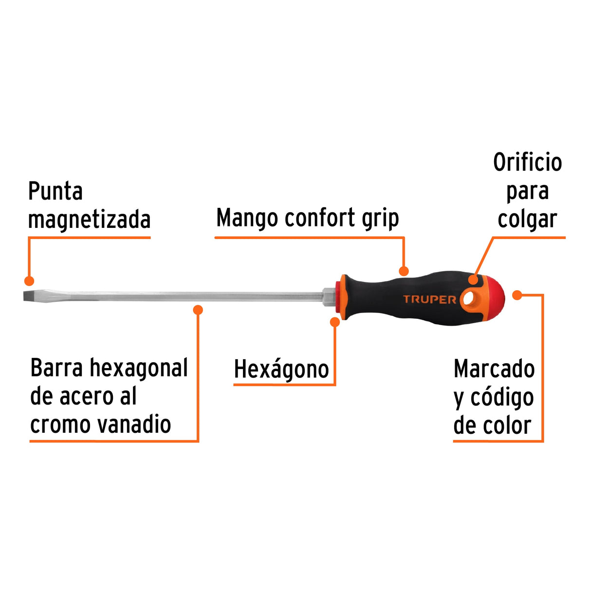 Desarmador Plano 1/4' X 8' Mango Comfort Grip, Truper