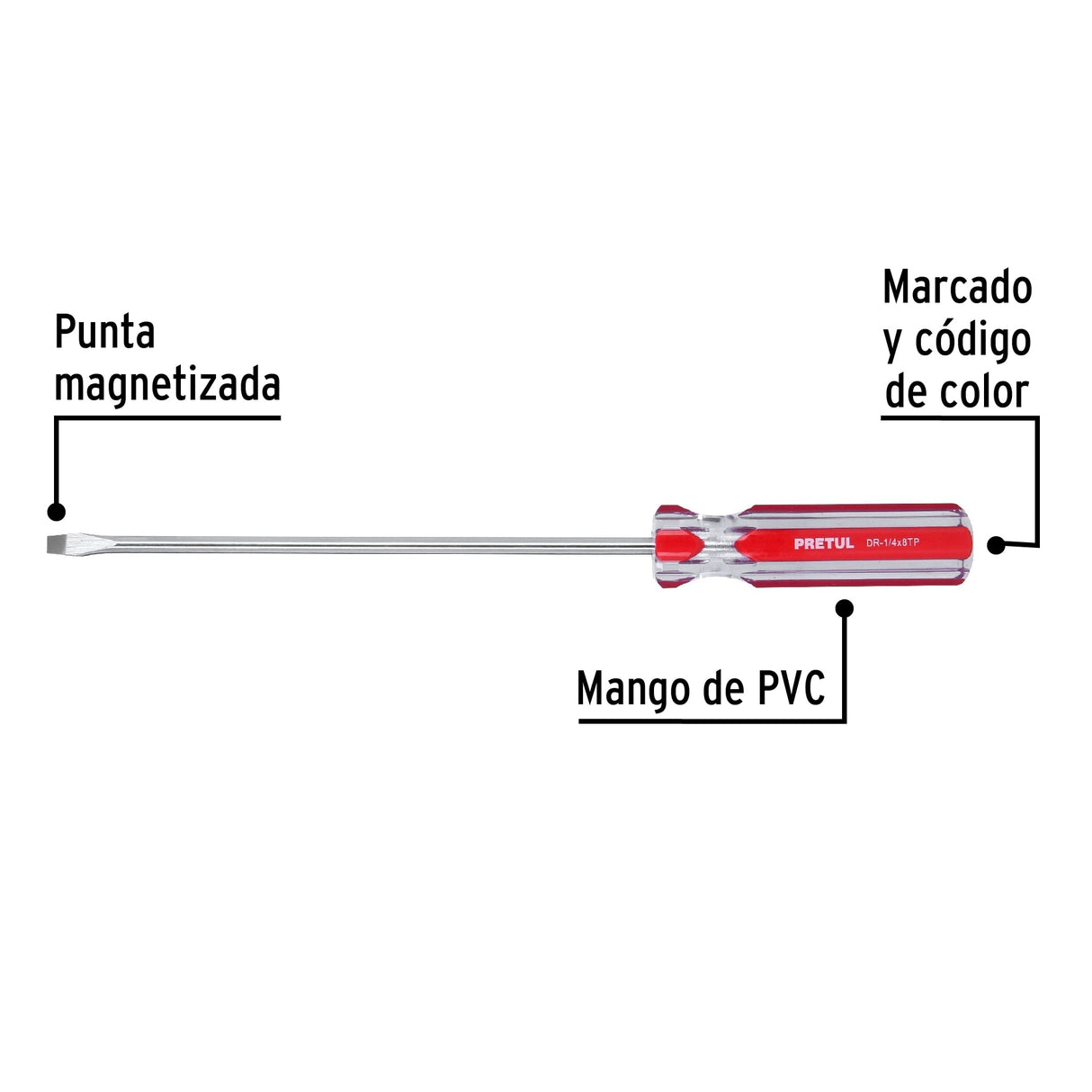 Desarmador Plano 1/4 X 8' Mango de PVC, Pretul