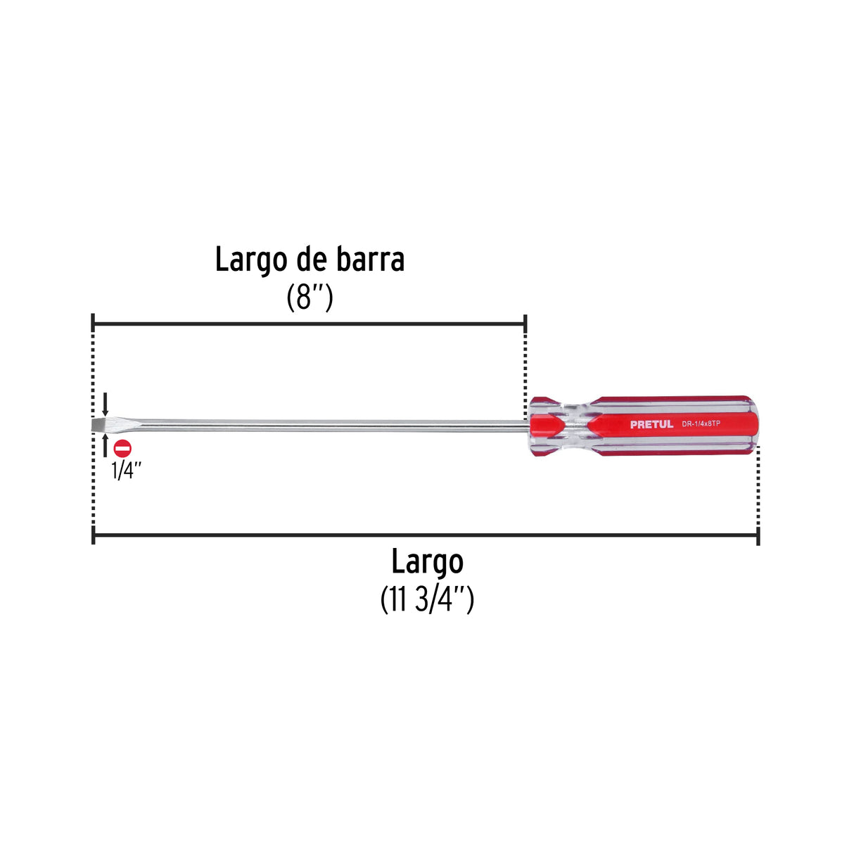 Desarmador Plano 1/4 X 8' Mango de PVC, Pretul