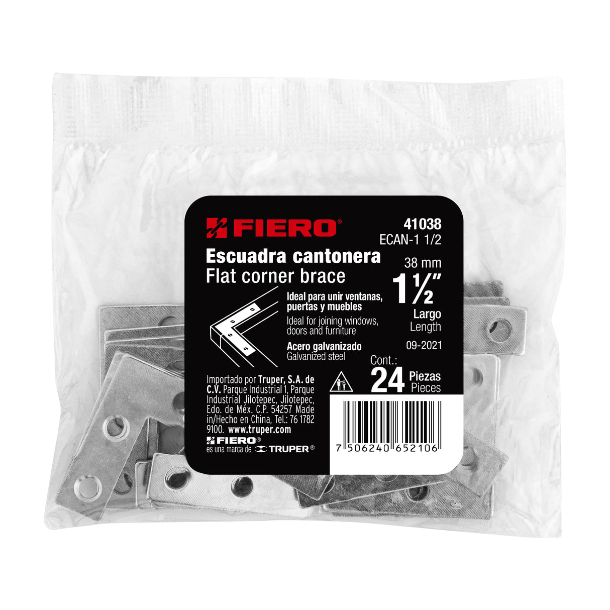 Bolsa C/24 Escuadras Planas Cantoneras 1-1/2'X1-1/2', Fiero