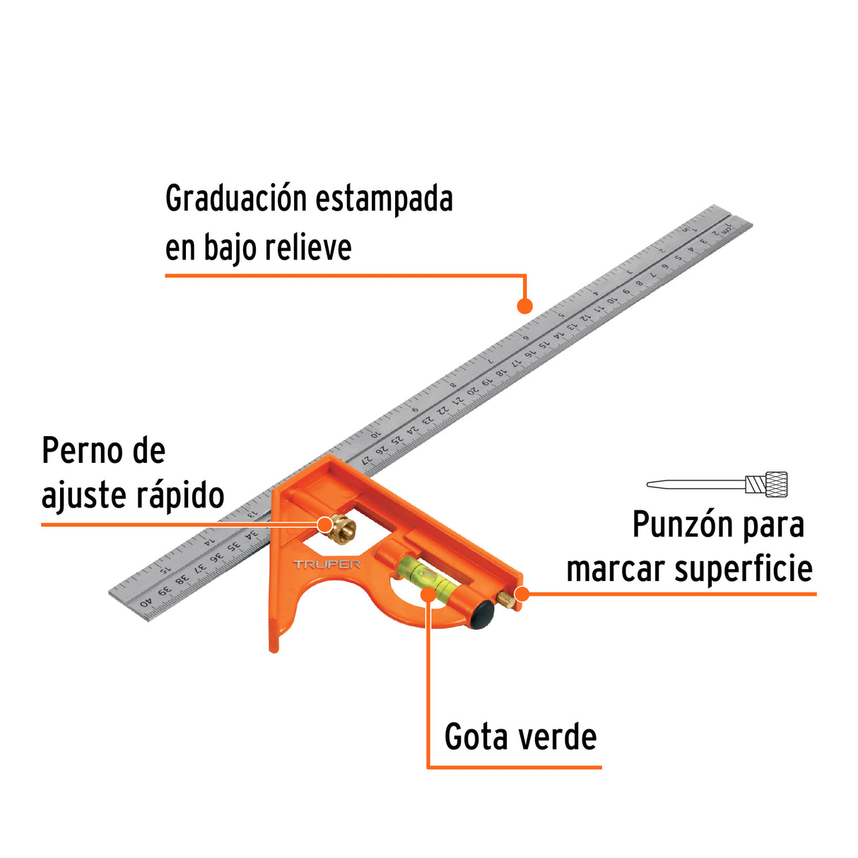 Escuadra 16' de Combinación con Punzón para Marcar, Truper