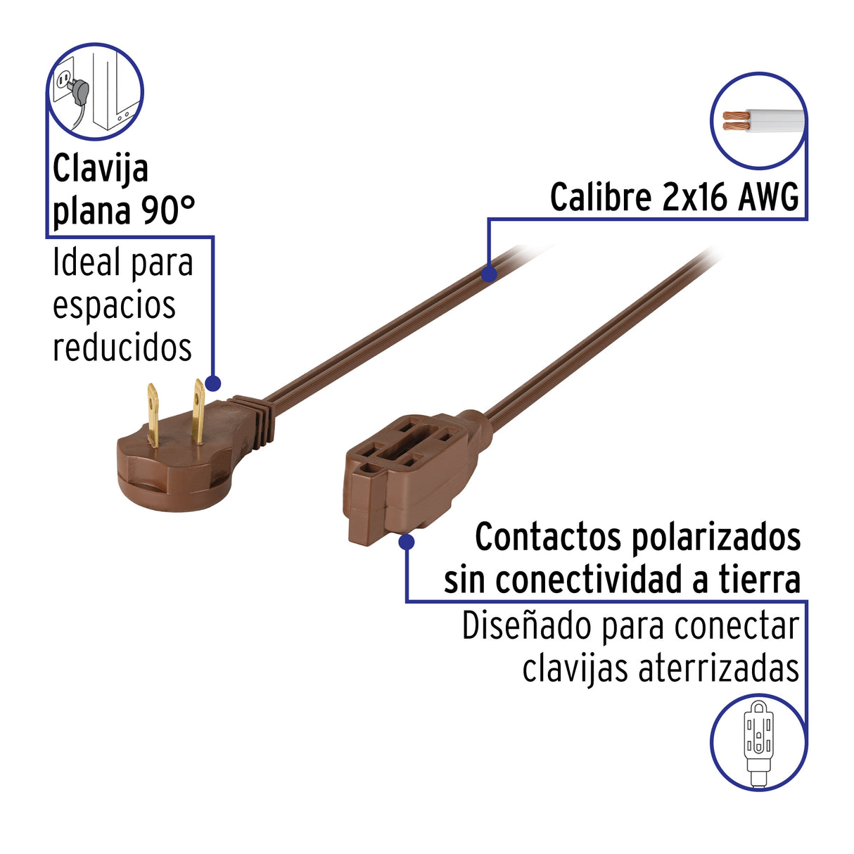 Extensión Eléctrica Doméstica 2 m Clavija Plana, Café
