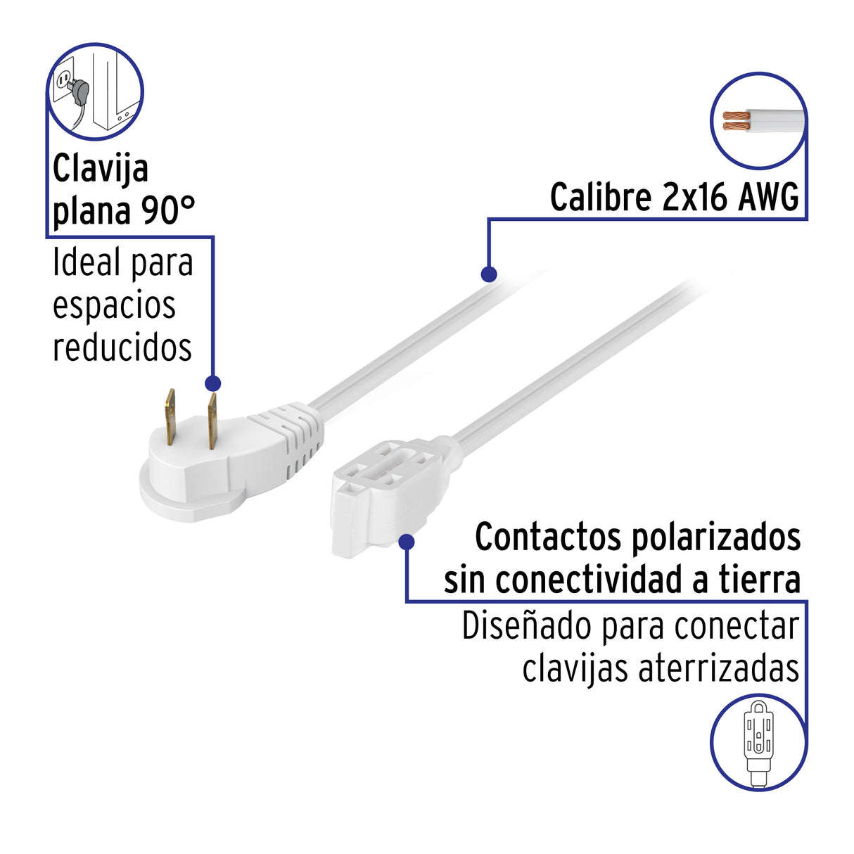 Extensión Eléctrica Doméstica 4 m Clavija Plana, Blanca