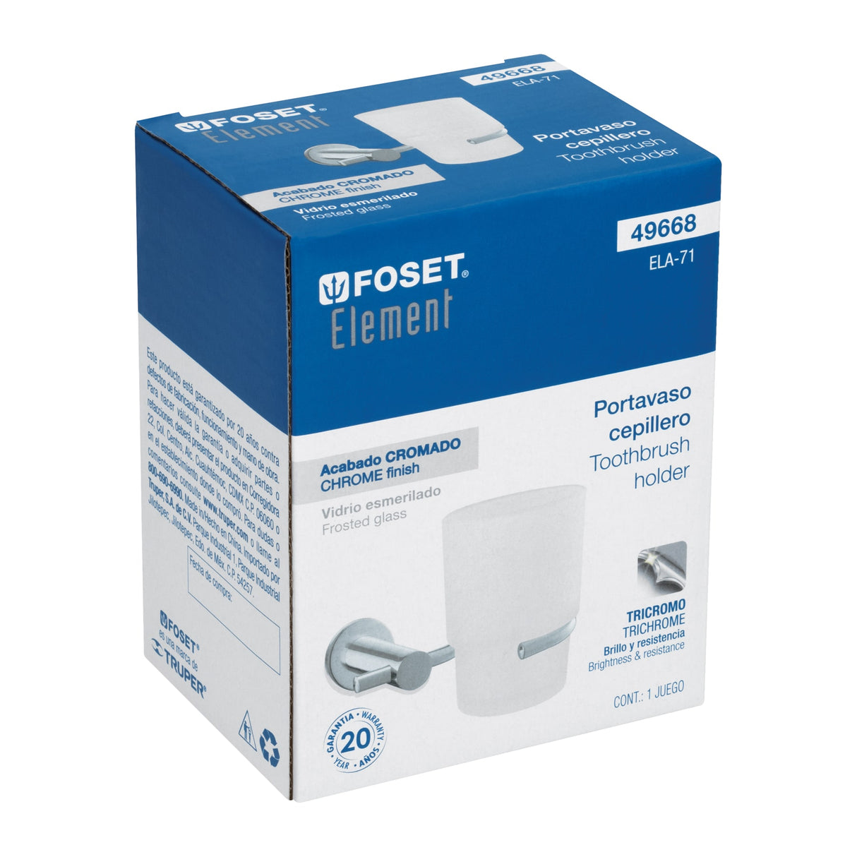 Portavaso Cepillero Cromo con Vaso de Vidrio, Foset Element