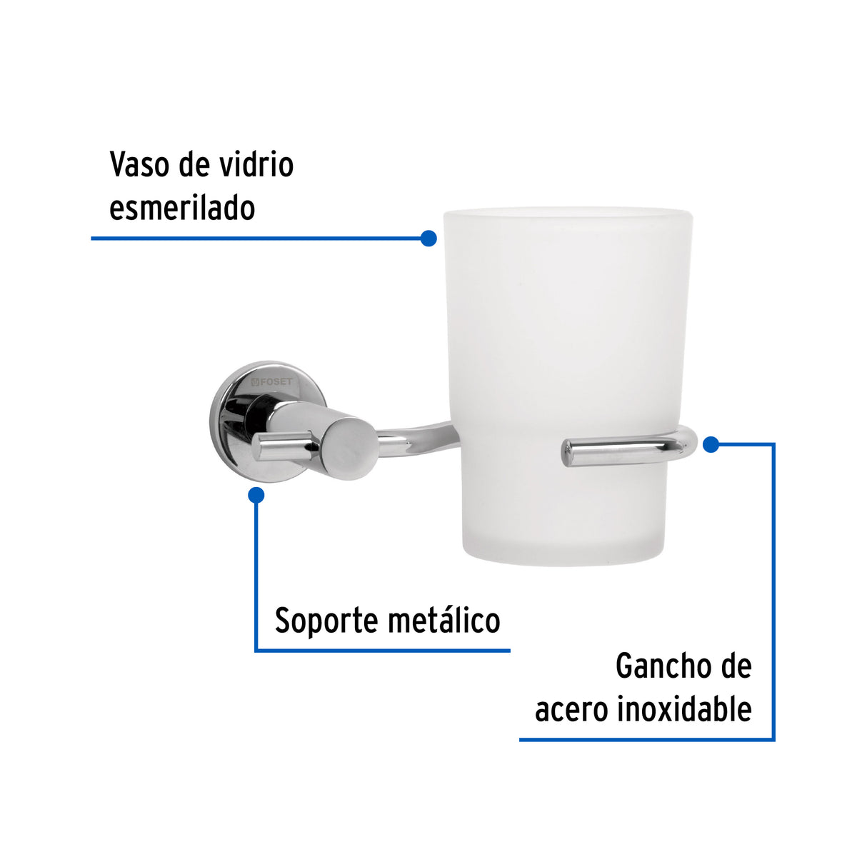 Portavaso Cepillero Cromo con Vaso de Vidrio, Foset Element