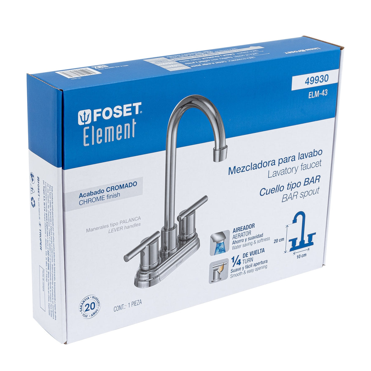 Mezcladora Cromo 4' para Lavabo Cuello Tipo Bar, Element