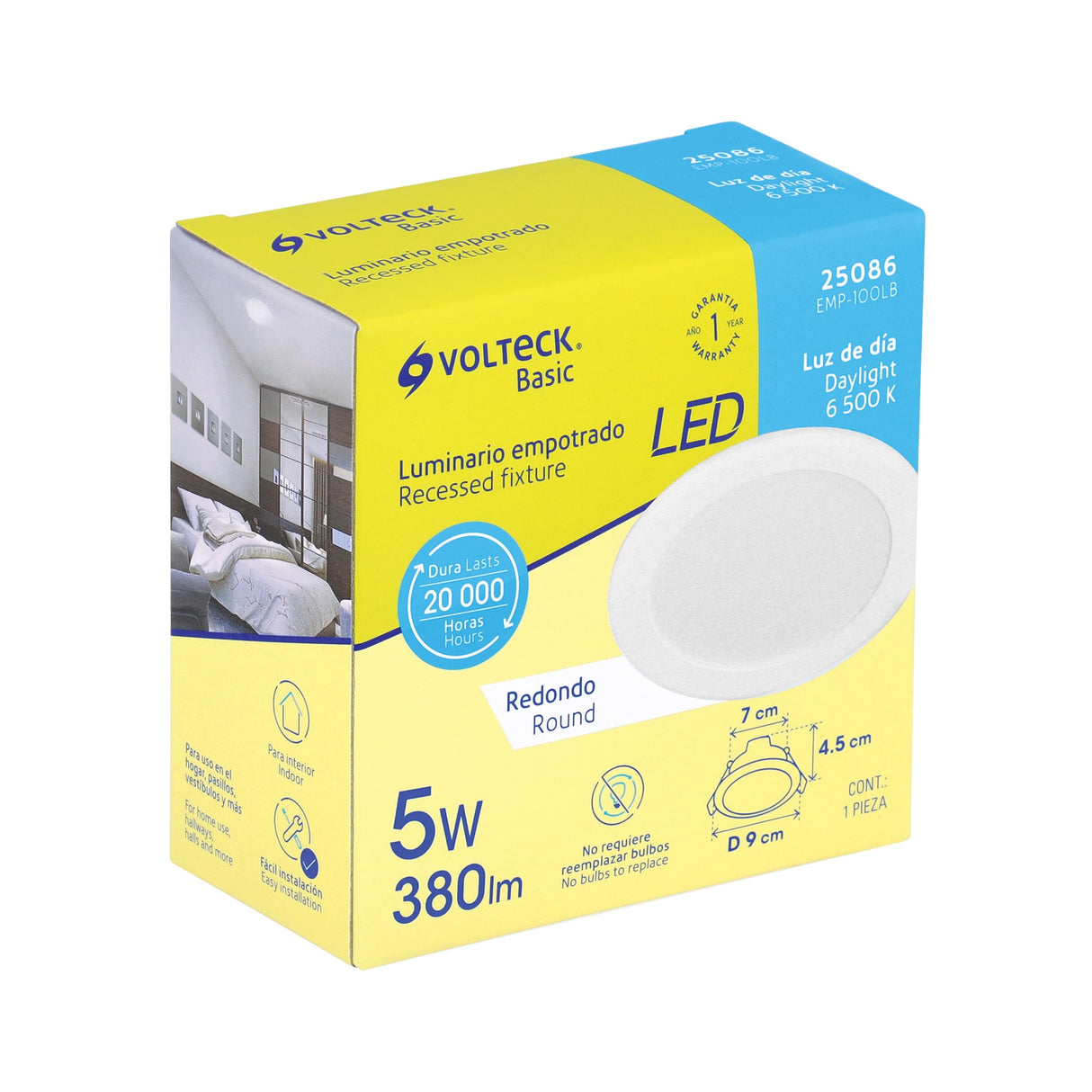 Luminario LED Empotrable 5 W 6500 K, Redondo, Volteck Basic