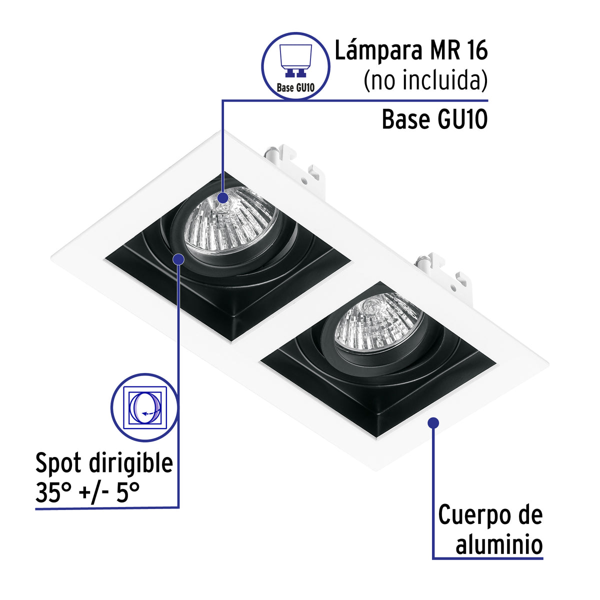 Luminario Empotrable con 2 Spots Dirigibles, Blanco, Volteck