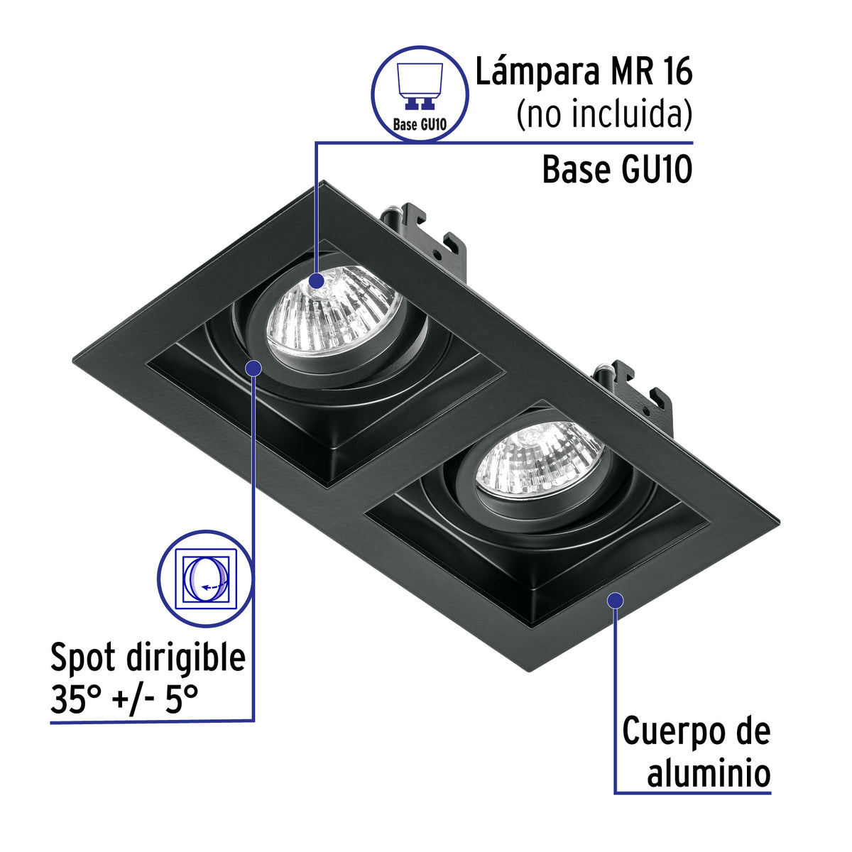 Luminario Empotrable con 2 Spots Dirigibles, Negro, Volteck