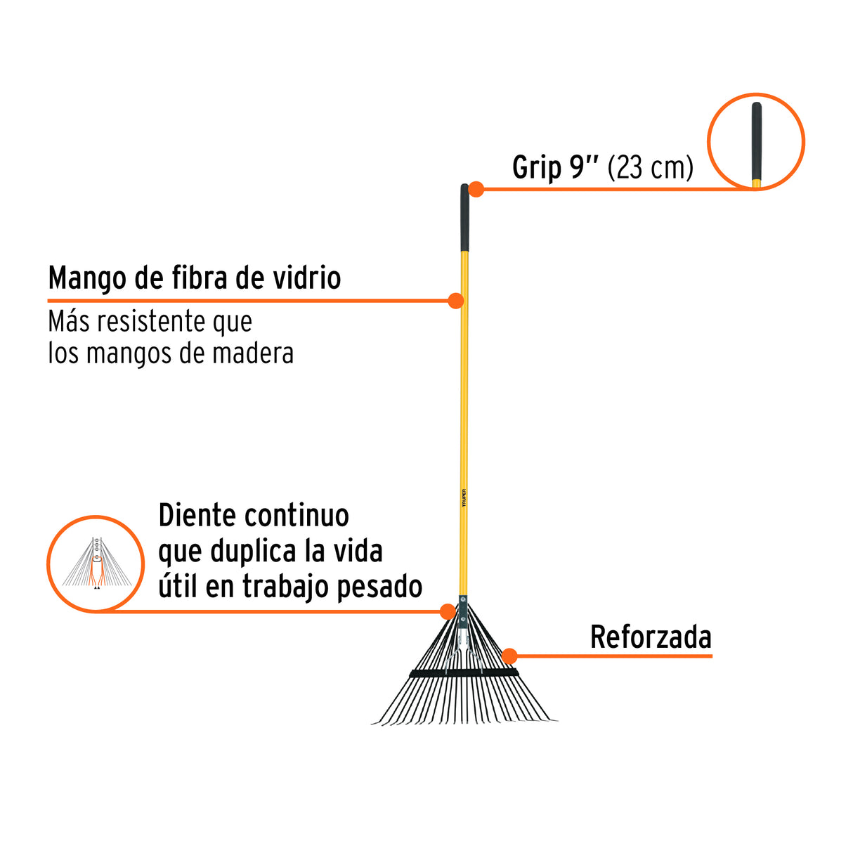 Escoba Metálica para Jardín, Recta, 24 Dientes, Mango 54'