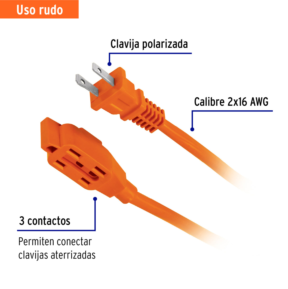 Extensión Eléctrica de Uso Rudo 2 m 2X16 AWG, Volteck