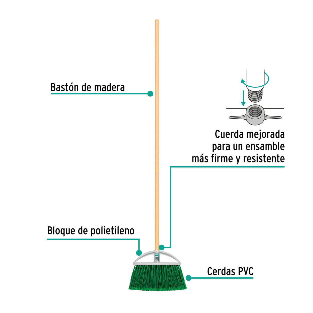 Escoba Chica Tipo Abanico, Cerdas de PVC, Bastón de Madera