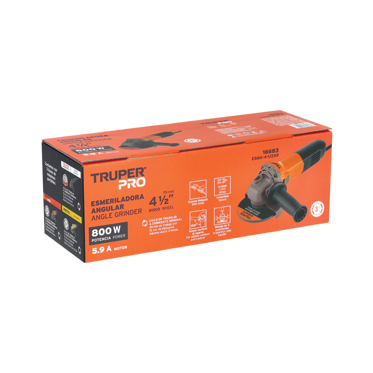 Esmeriladora Angular 4-1/2', 800 W, Truper Pro