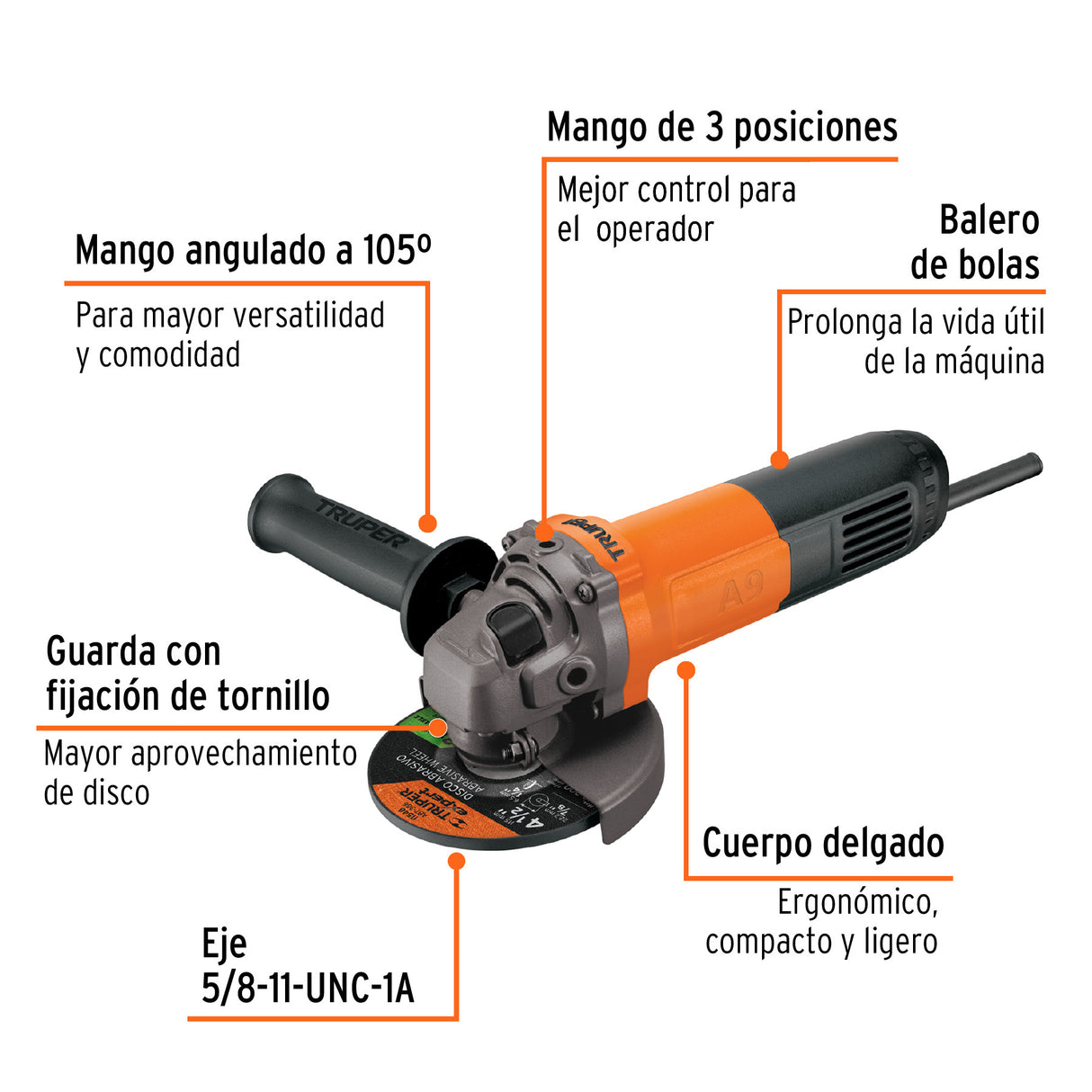 Esmeriladora Angular 4-1/2', 800 W, Truper Pro