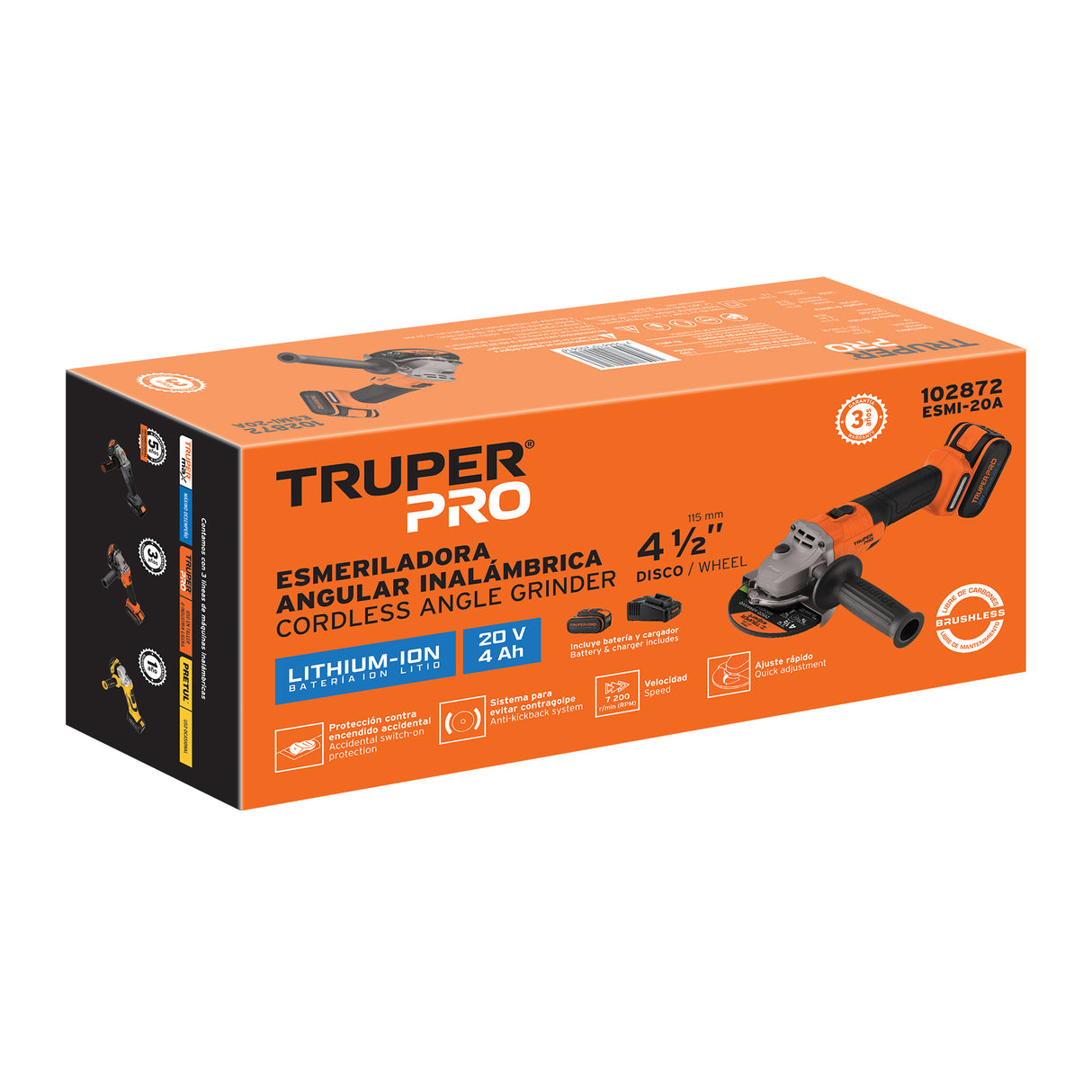 Esmeriladora 4-1/2', 20 V, 1 Batería 4 Ah, Truper Pro