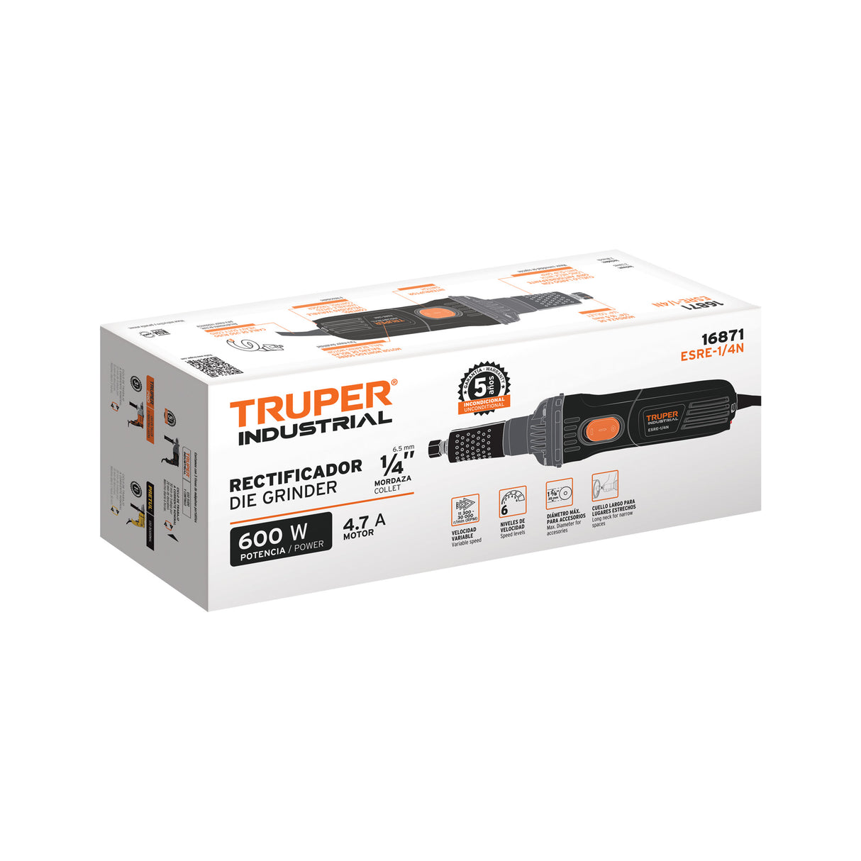 Esmeril Recto (Rectificador) 1/4' 600 W, Truper Industrial