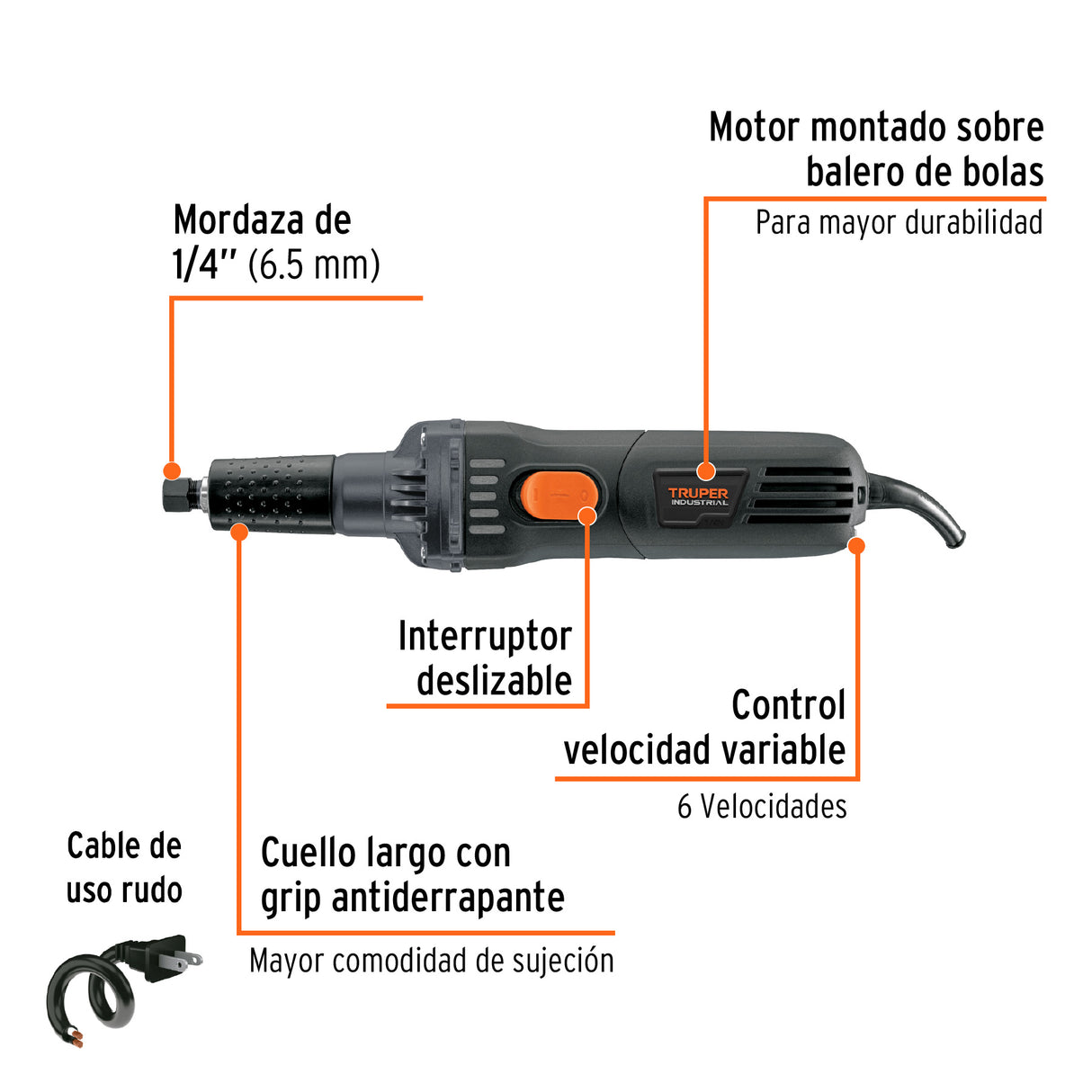 Esmeril Recto (Rectificador) 1/4' 600 W, Truper Industrial