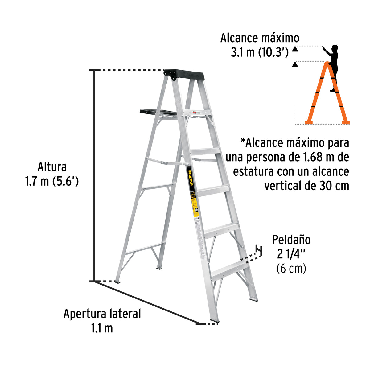 Escalera de Tijera Tipo III 5 Escalones y Bandeja, Pretul