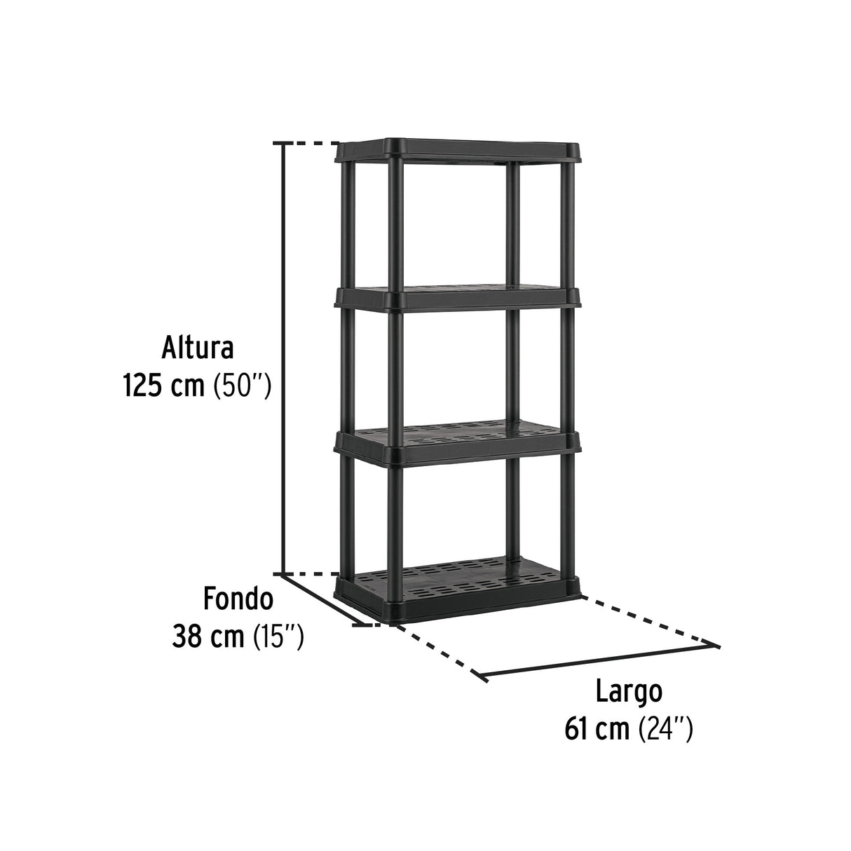 Estante Plástico 4 Repisas Cap. 45 kg, 125X38X61, Pretul