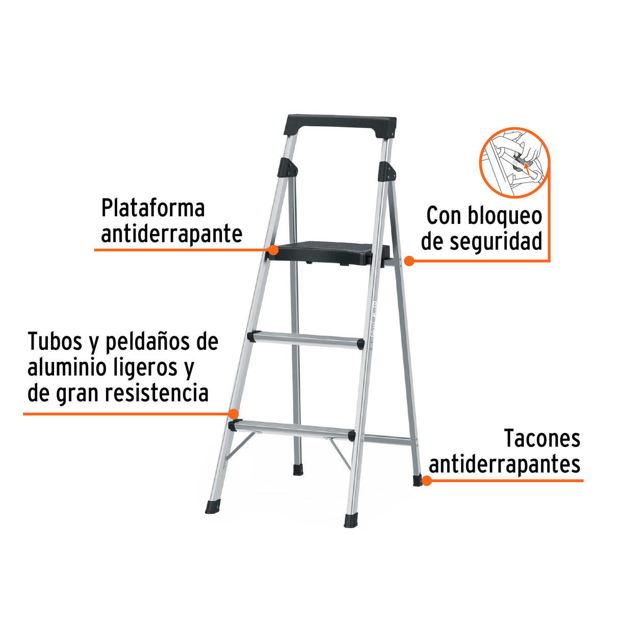 Escalera Tubular Plegable, 3 Peldaños, Aluminio, Truper