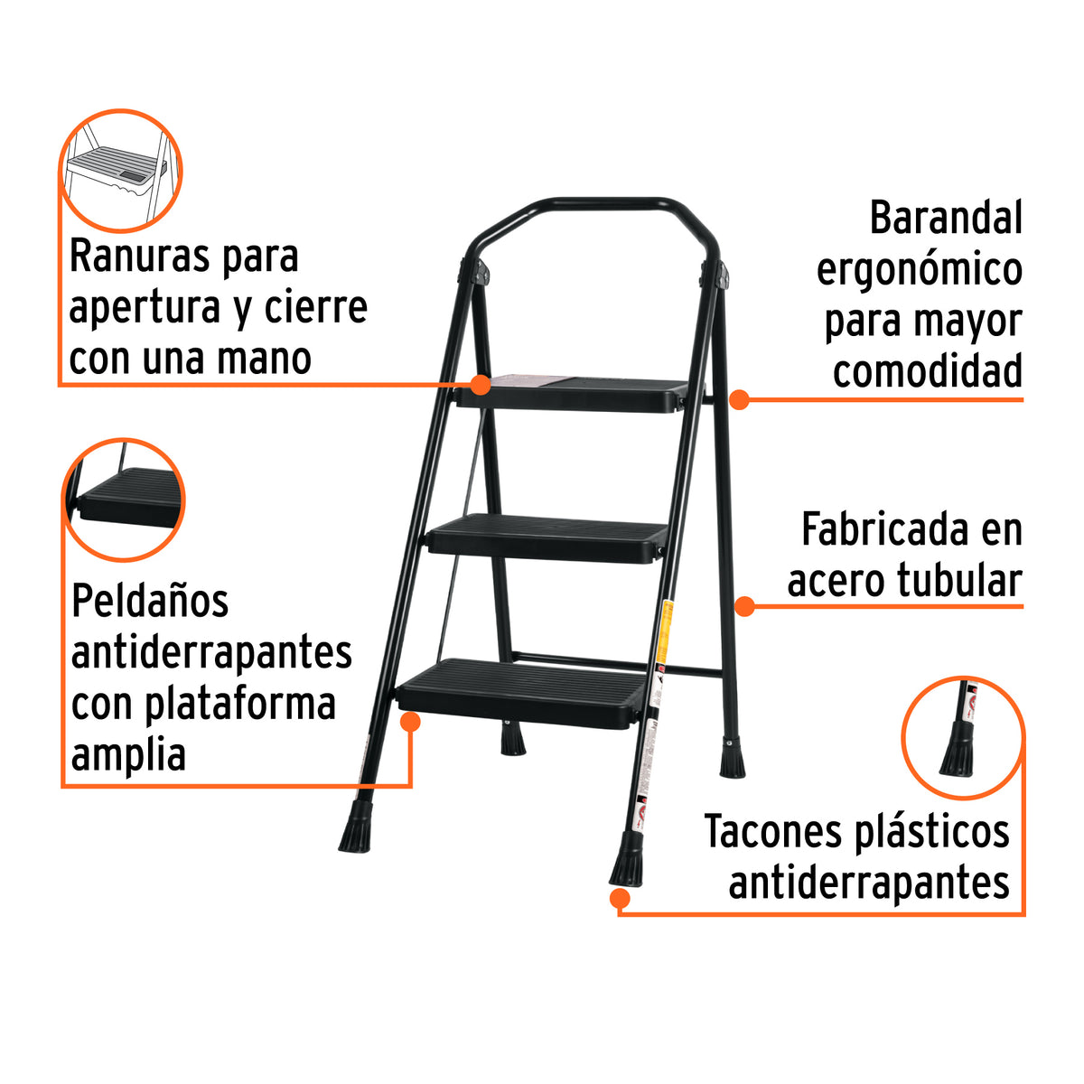 Escalera Tubular, Plegable, 3 Peldaños, Truper