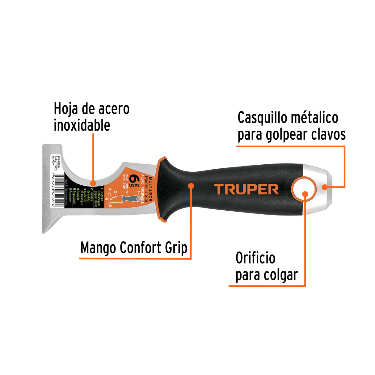 Espátula 2-1/2' de 6 Usos, Acero Inoxidable, Comfort Grip