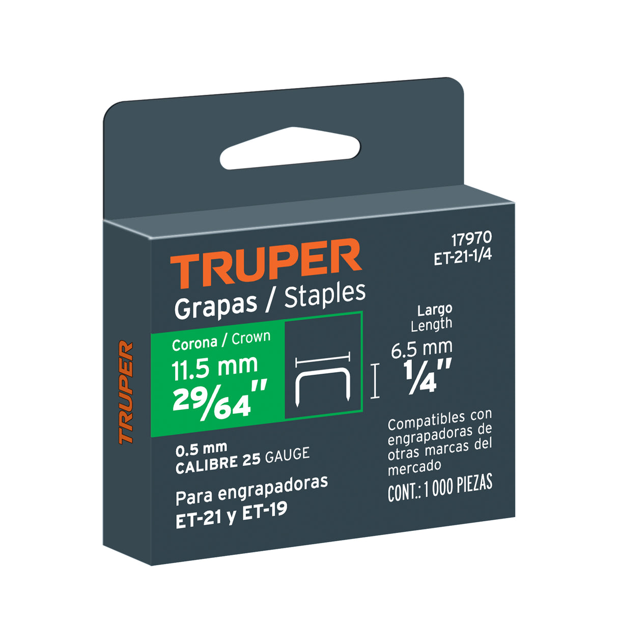 1000 Grapas 1/4' Corona 11.2 mm, para ET-21 y ET-19, Truper