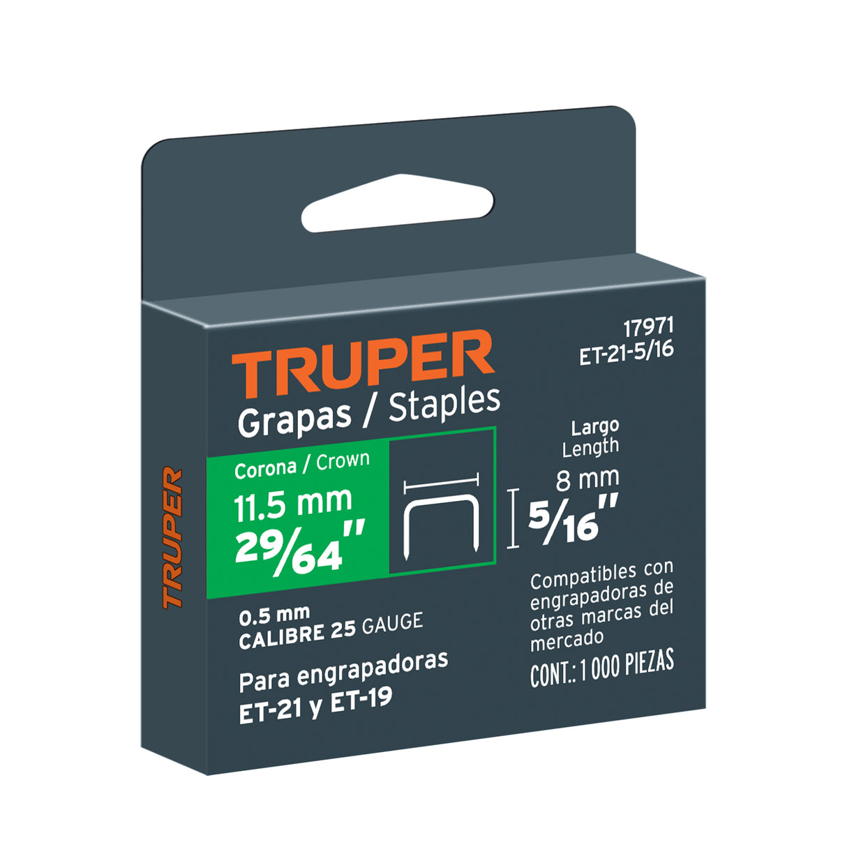 1000 Grapas 5/16' Corona 11.2 mm, para ET-21 y ET-19, Truper