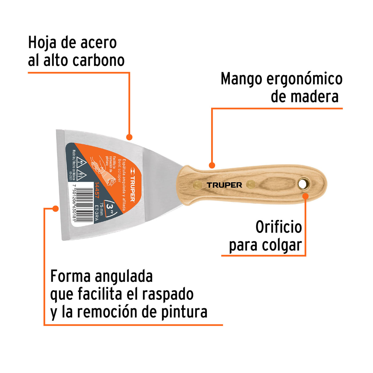 Espátula Afilada y Angulada 3' con Mango de Madera, Truper