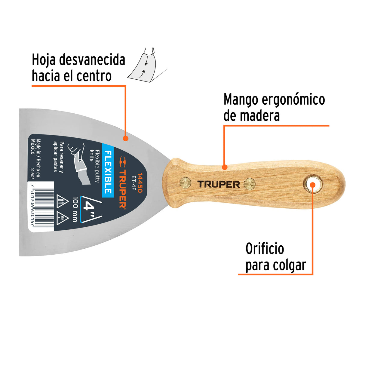 Espátula Flexible 4' con Mango de Madera, Truper