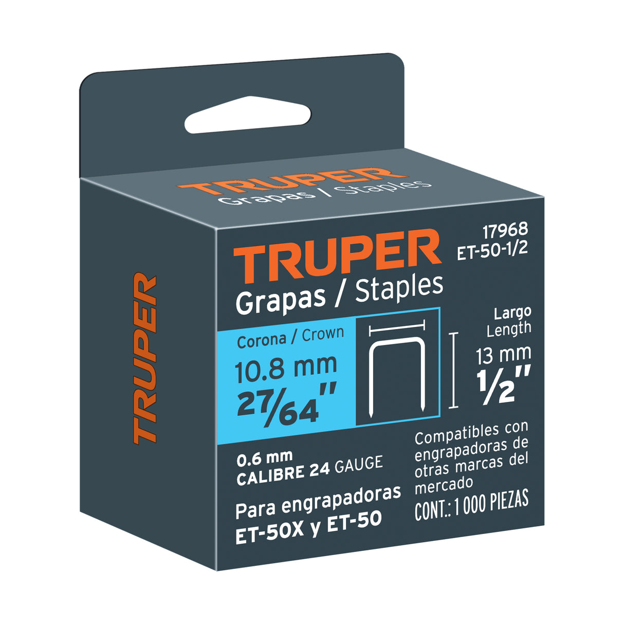 1000 Grapas 1/2' Corona 10.6 mm, para ET-50X y ET-50, Truper