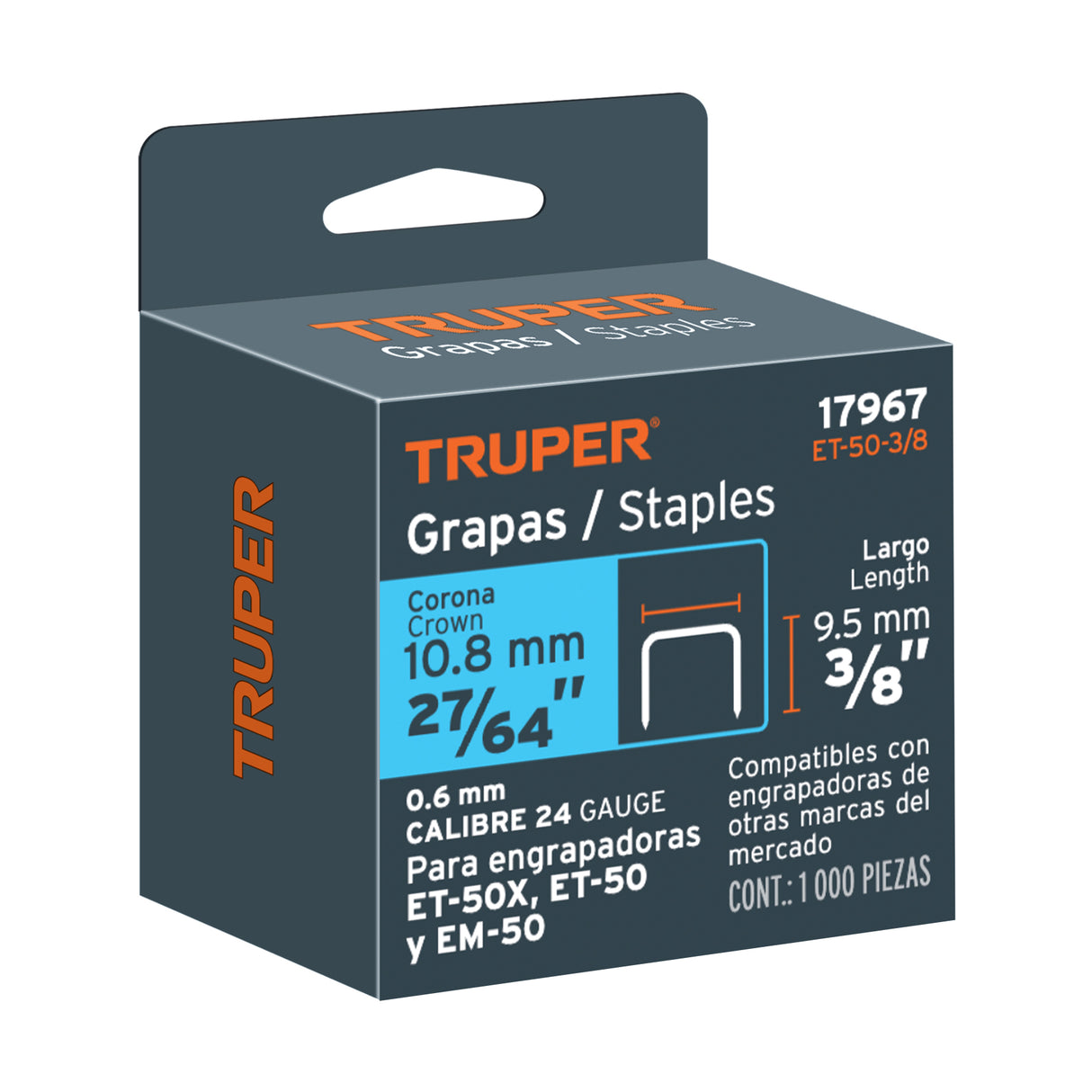 1000 Grapas 3/8' Corona 10.6 mm, para ET-50X, ET-50 y EM-50