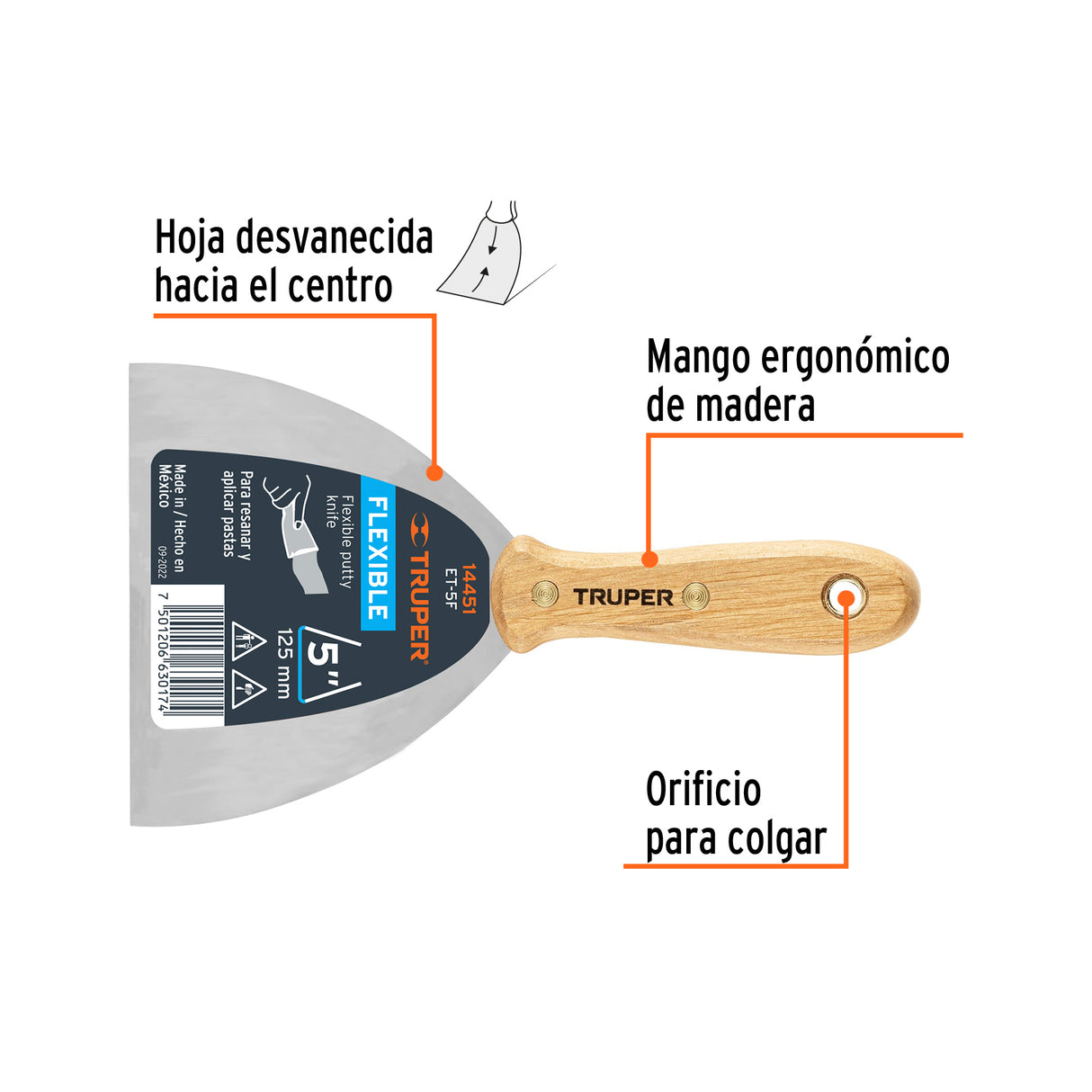 Espátula Flexible 5' con Mango de Madera, Truper