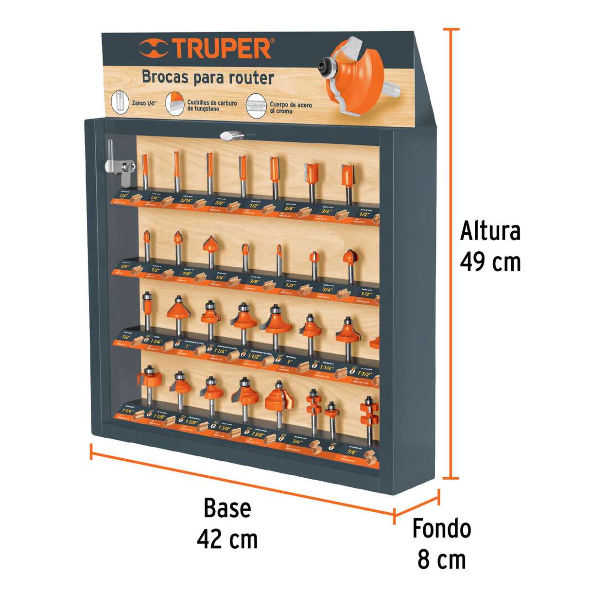 Exhibidor con 30 Brocas para Router, Truper