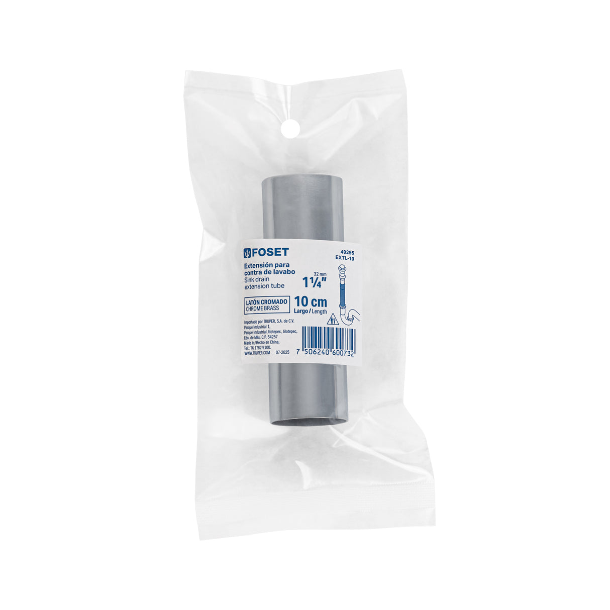 Extensión 10 cm Latón Cromado para Contra de Lavabo, 1-1/4'