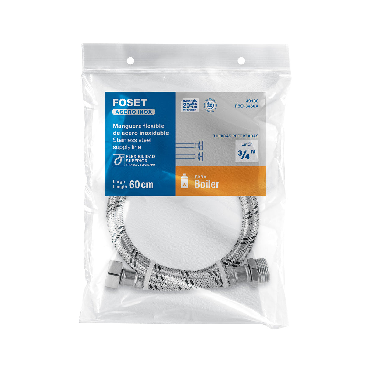 Manguera para Boiler, Acero Inox, 3/4'X3/4', 60 cm, Foset
