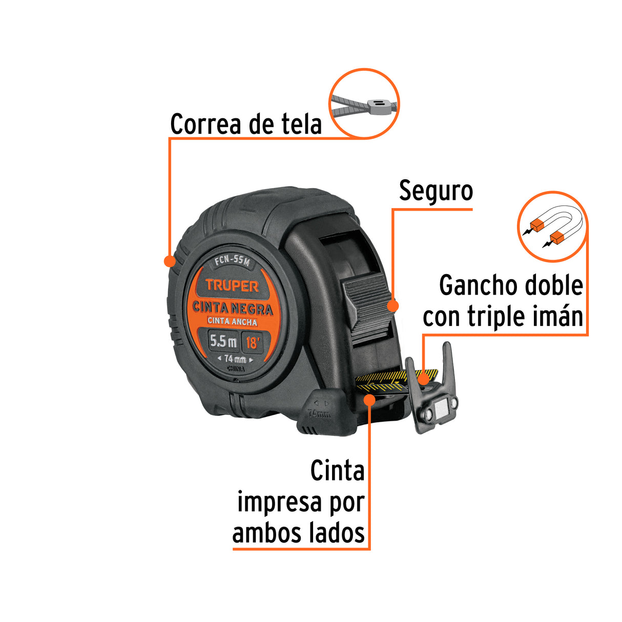 Flexómetro Contra Impactos 5.5 m, Cinta Negra 25 mm, Truper