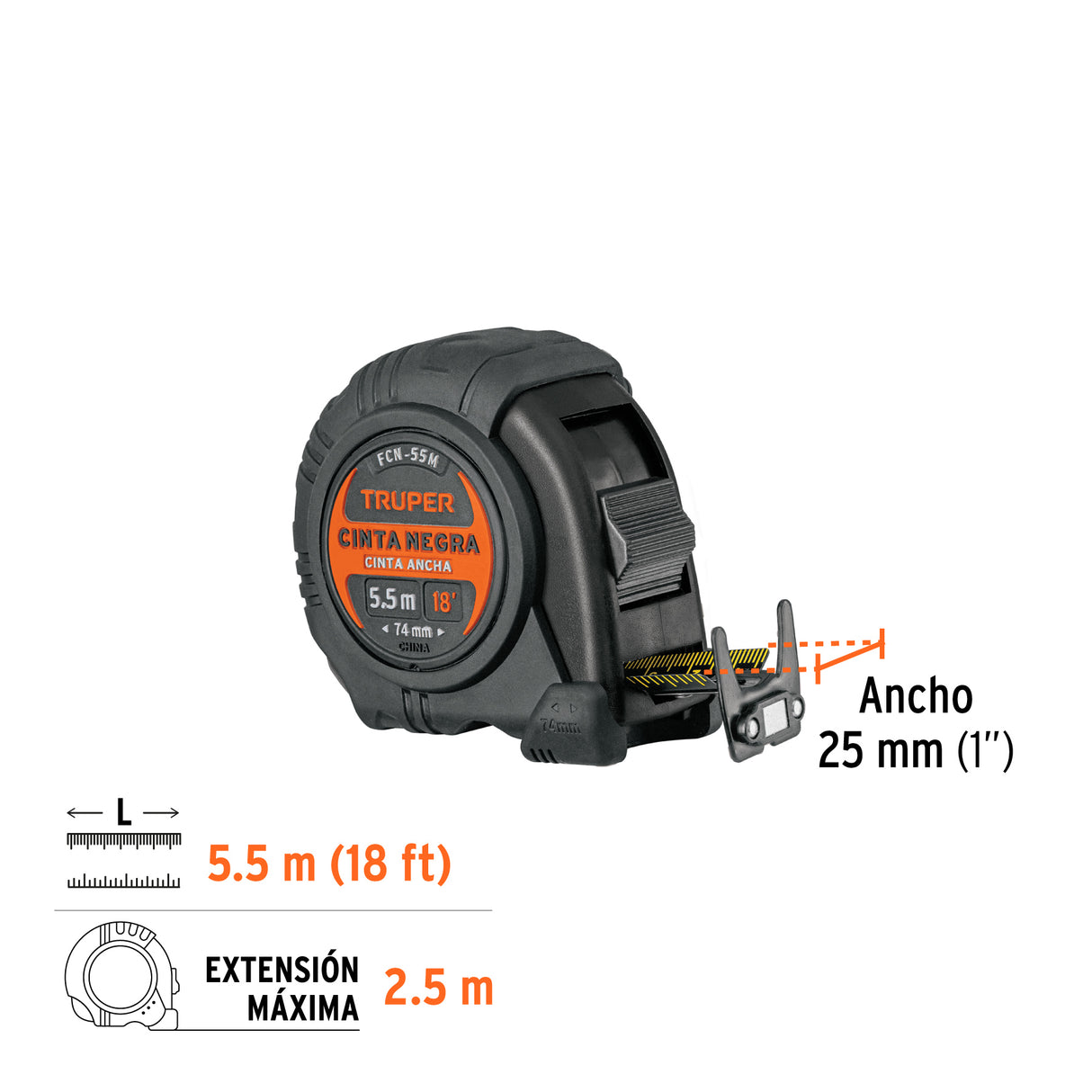 Flexómetro Contra Impactos 5.5 m, Cinta Negra 25 mm, Truper