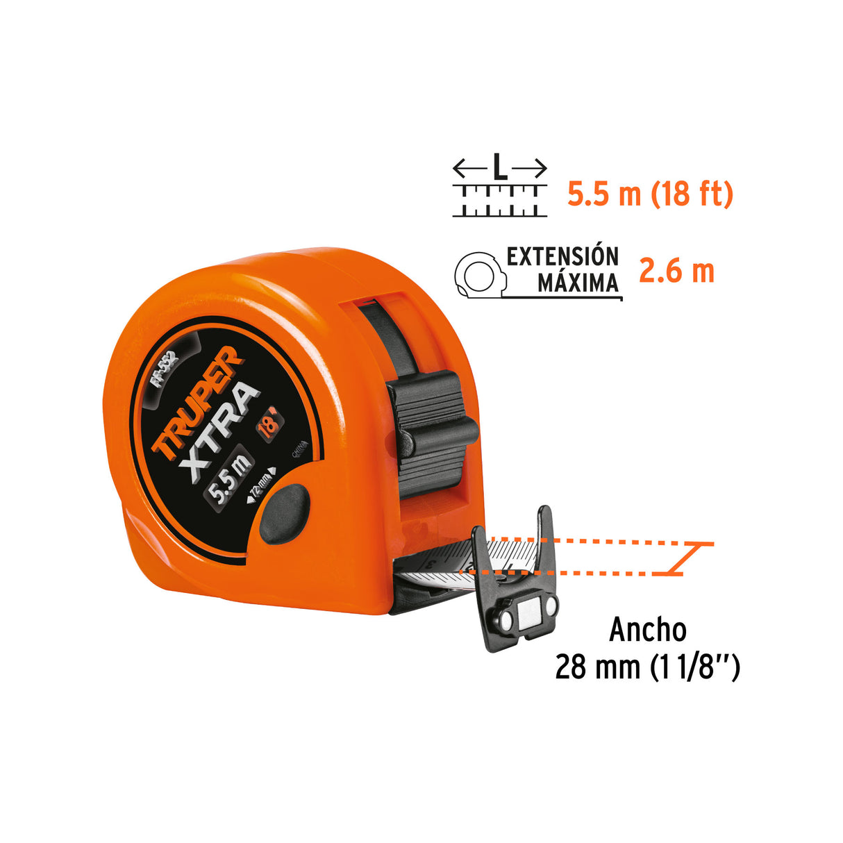 Flexómetro Xtra 5.5 m Cinta Extra Ancha 28 mm, Truper