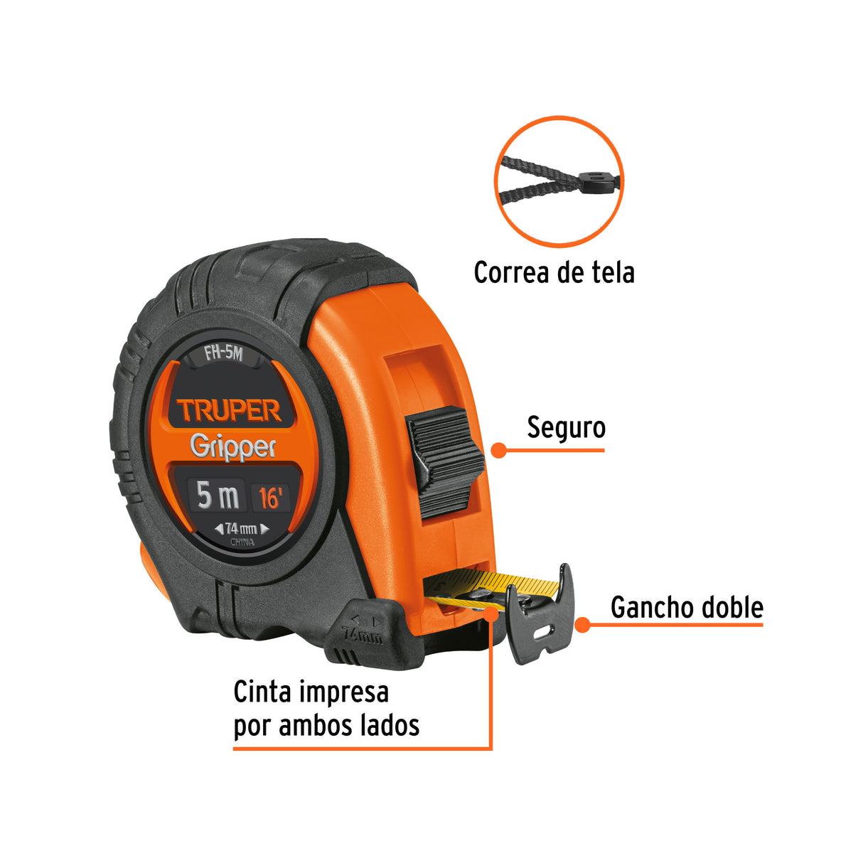 Flexómetro Gripper Contra Impactos 5 m Cinta 19 mm, Truper