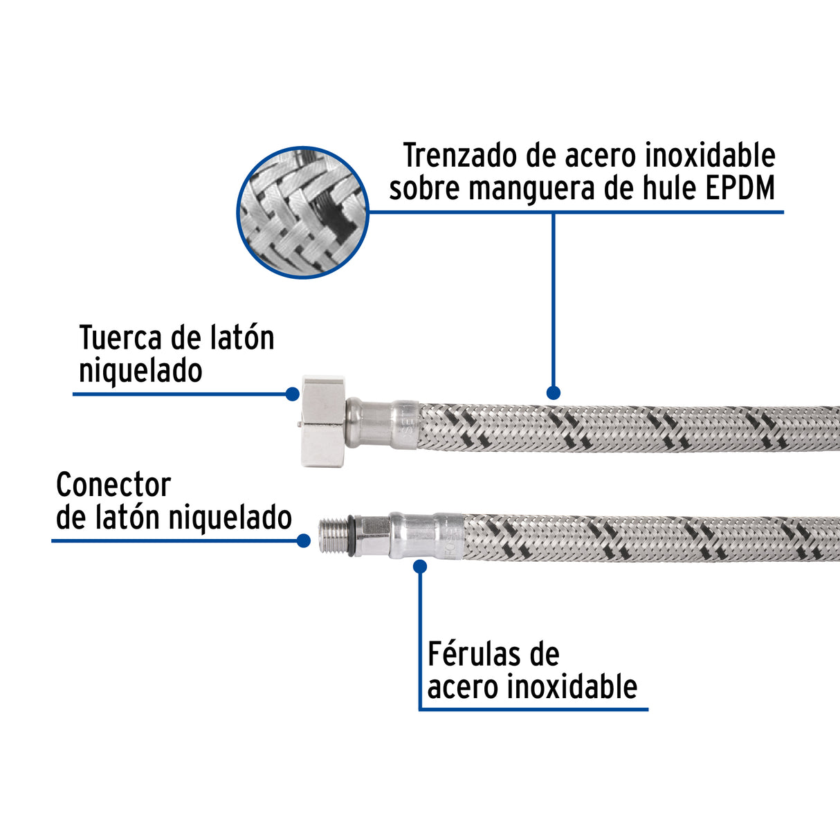 Manguera para Monomando, Acero Inox, 1/2' X 3/8' Unf, 55 cm
