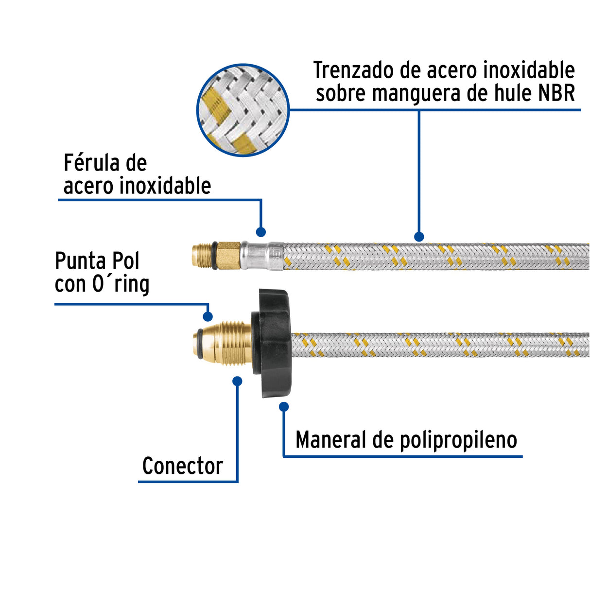 Manguera Pigtail, Acero Inox, 7/16' X 7/8', 55 cm, Foset