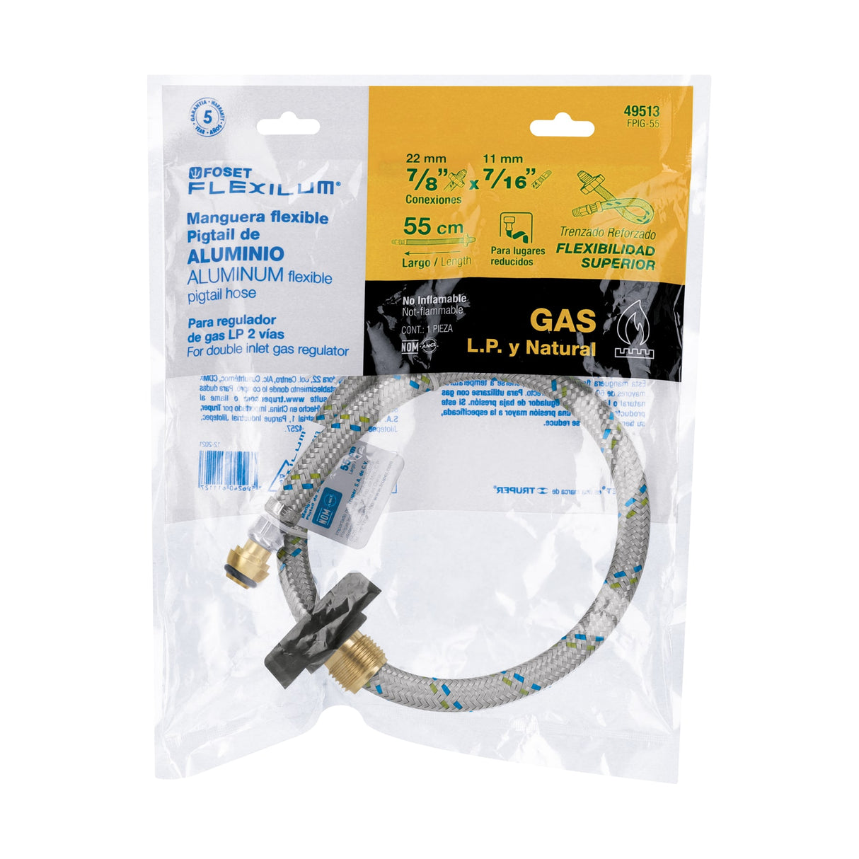Manguera Pigtail, Aluminio, 7/16' X 7/8', 55 cm, Foset