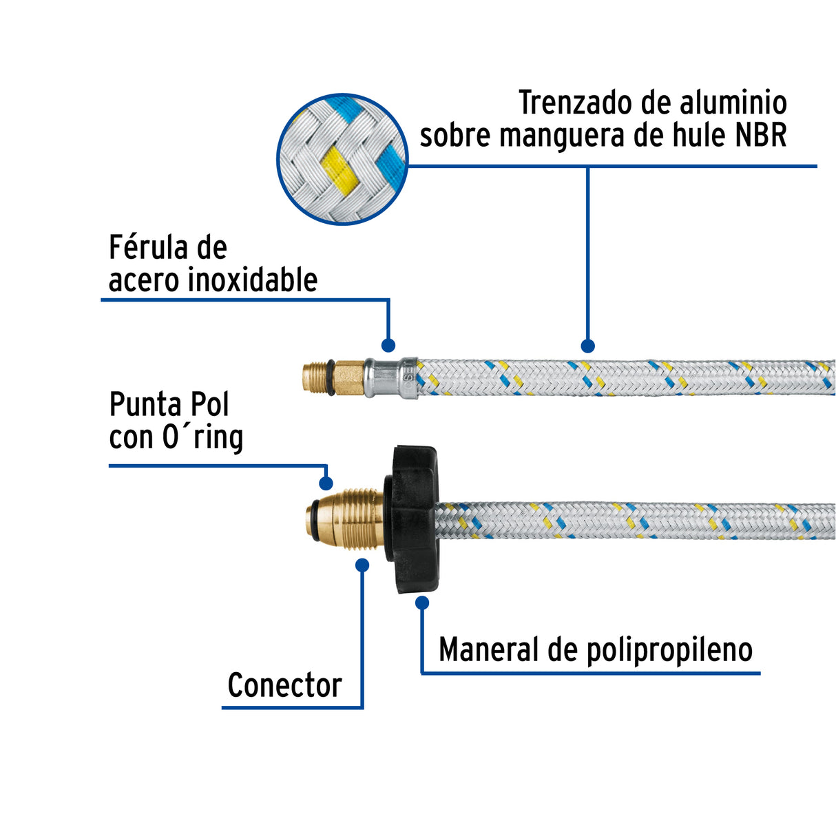 Manguera Pigtail, Aluminio, 7/16' X 7/8', 55 cm, Foset
