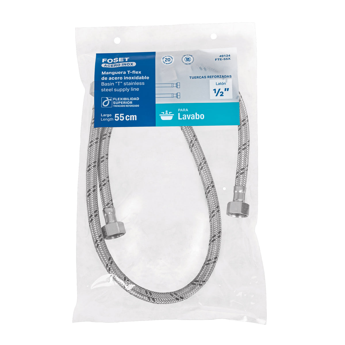 Manguera 'T' Lavabo/Fregadero, Acero Inox, 1/2'x1/2'x1/2', 55 cm