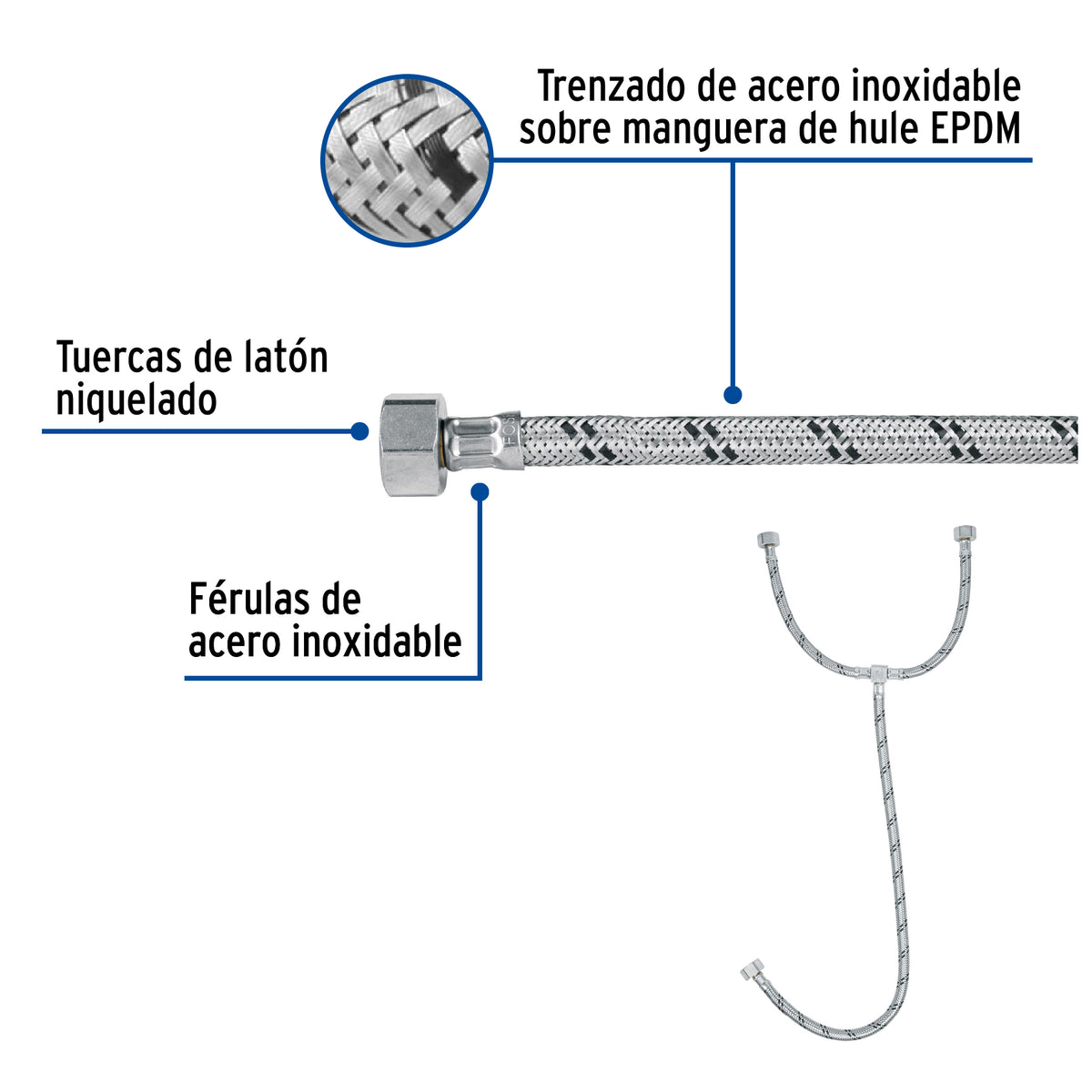 Manguera 'T' Lavabo/Fregadero, Acero Inox, 1/2'x1/2'x1/2', 55 cm
