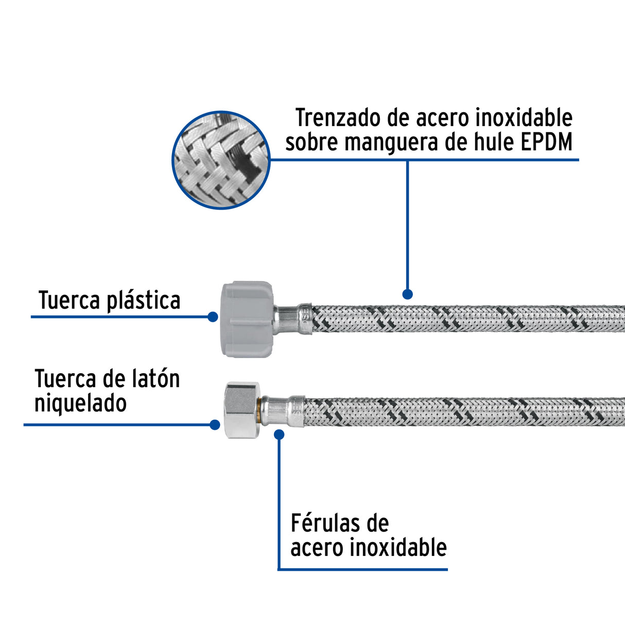 Manguera para Wc, Acero Inox, 3/8'X7/8', 50 cm, Plástico/Latón